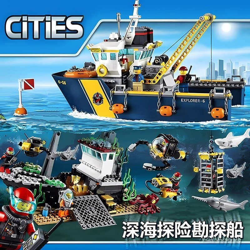 Blocos de montar Lego, série Cidade 60095, navio flutuante de exploração em águas profundas, brinquedo montável para men