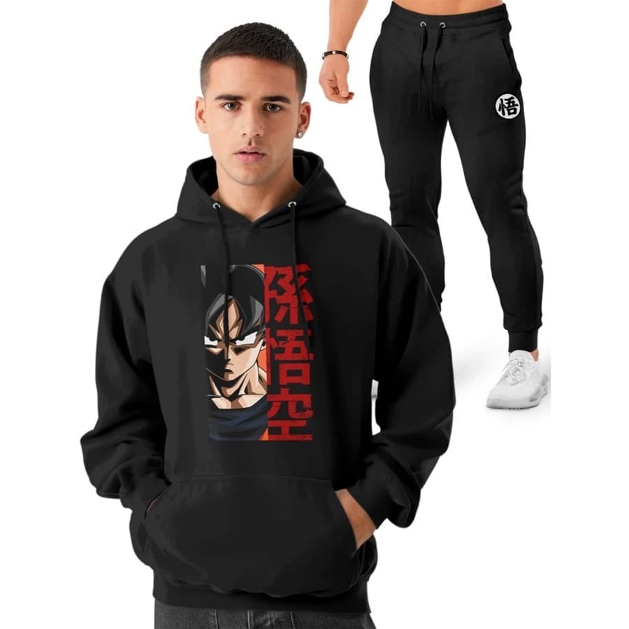 Conjunto Moletom Masculino Goku Blusa De Frio Canguru Bolso e Capuz + Calça Moletom Estampados Unissex Outono/Inverno