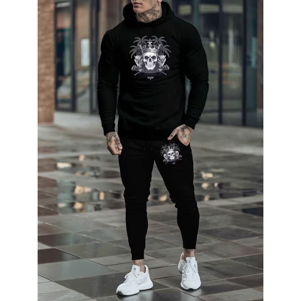 Conjunto Moletom Canguru  Masculino ilha da caveira  Blusa De Frio + Calça Moletom Estampados Unissex Outono/Inverno