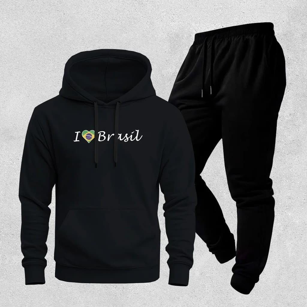 Conjunto Moletom Canguru Masculino I Love Brasil Blusa De Frio + Calça Moletom Estampados Unissex Outono/Inverno
