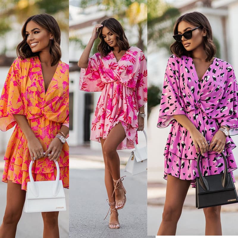 Vestido feminino, roupa feminina elegante e estilosa para o verão, vestido com gola franzida, vestido estampado com mang