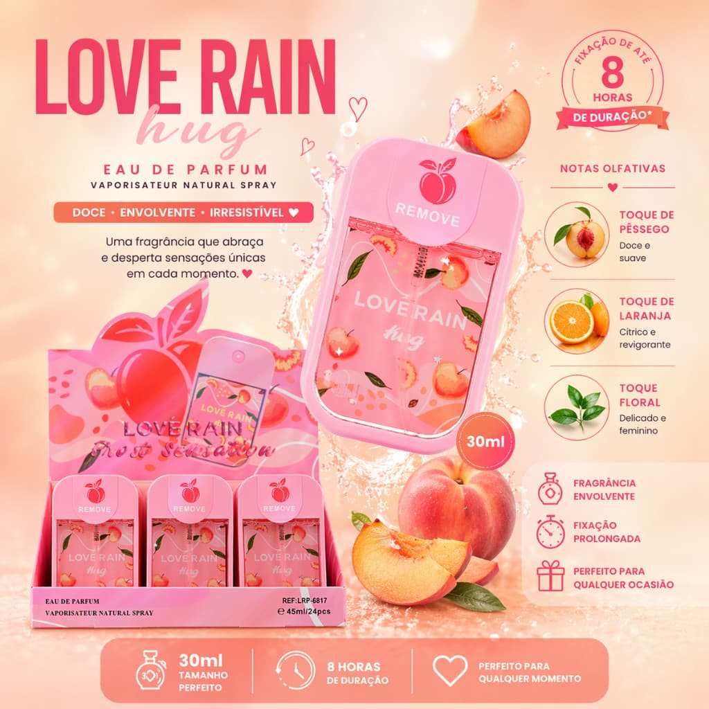 Perfume Hug Feminino 30ml Doce Frutado Longa Duração 8 Horas Pêssego Laranja Importado Luxo - Lové Rain