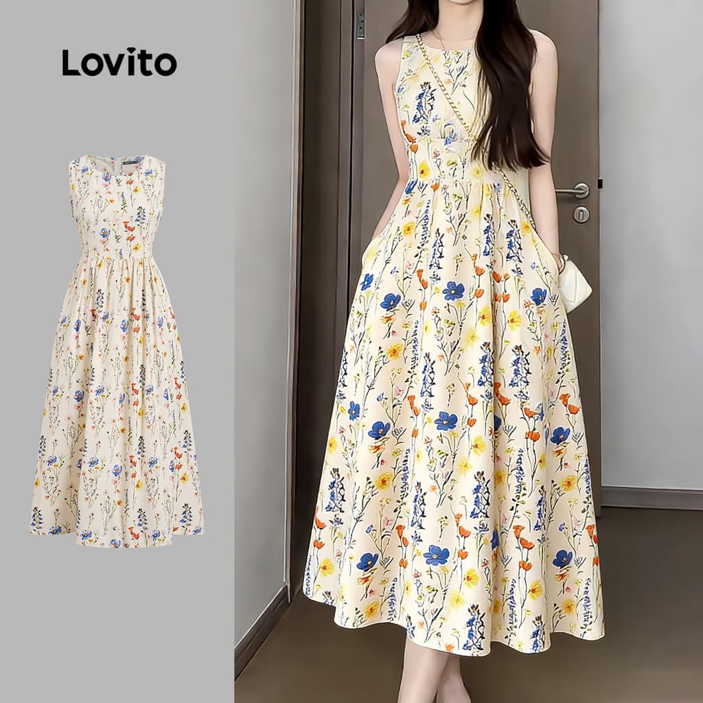 Lovito Férias Vestido de Flores com Bolso e Estrutura Linha Romântica Primavera/Verão para Mulheres LK4AD022