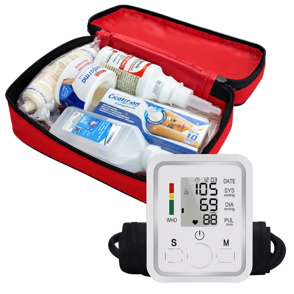 Kit Saúde Familiar: Primeiros Socorros + Medidor de Pressão de Alta Precisão