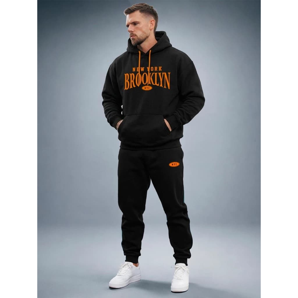 Conjunto Moletom Masculino Brokyln Blusa De Frio Canguru Bolso e Capuz + Calça Moletom Estampados Unissex Outono/Inverno