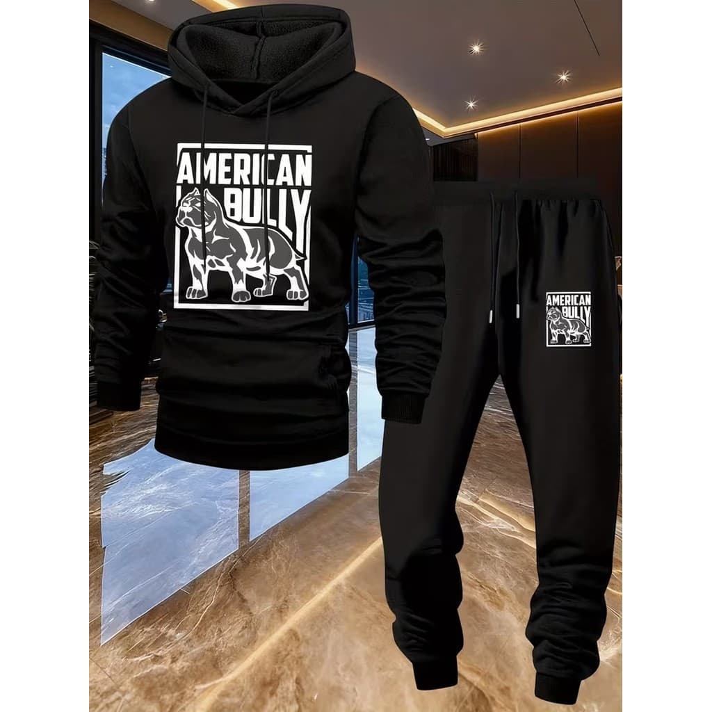 Conjunto Moletom Masculino American bully Blusa De Frio Canguru Bolso e Capuz + Calça Moletom Estampado Outono/Inverno