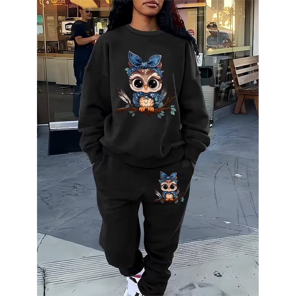 Conjunto Moletom Careca Feminino Coruja Fofa Blusa De Frio + Calça Moletom Estampados Unissex Outono/Inverno