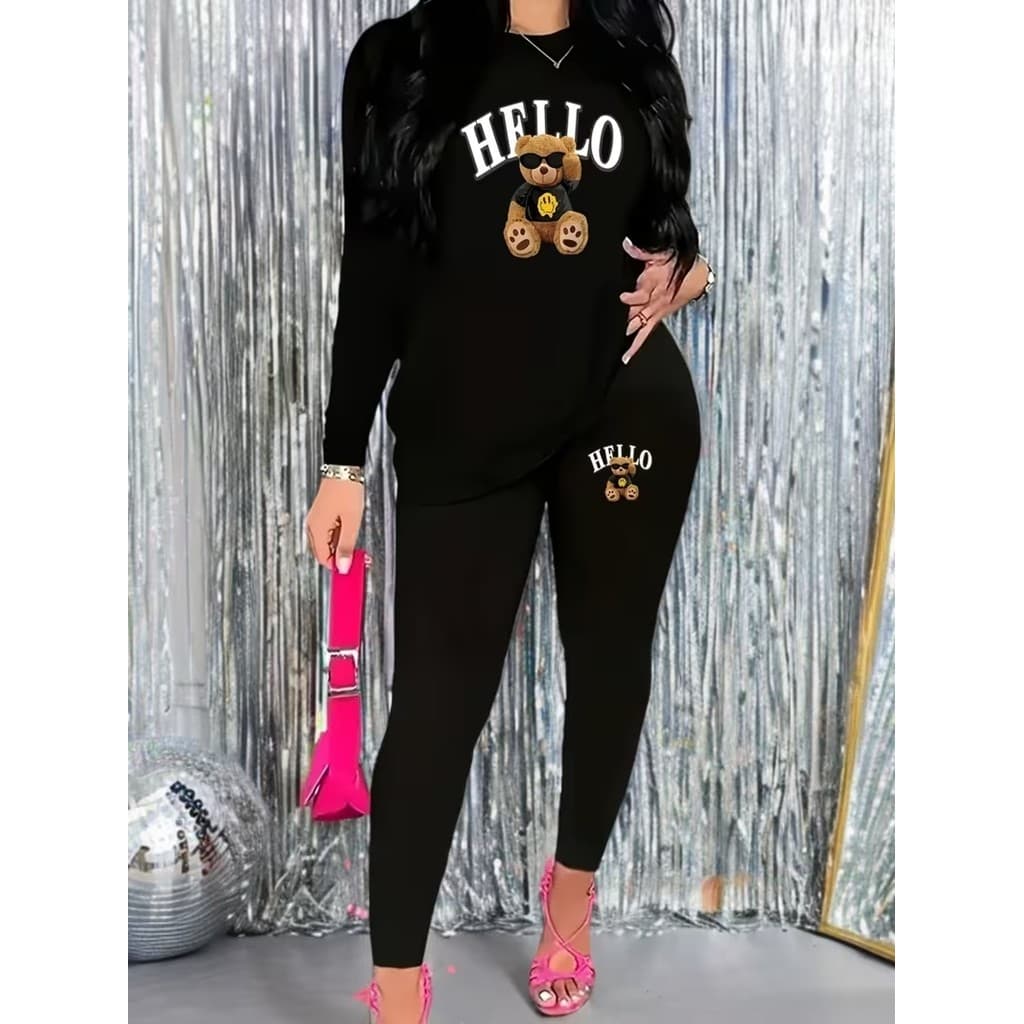 Conjunto Moletom Careca Feminino Hello Blusa De Frio + Calça Moletom Estampados Unissex Outono/Inverno