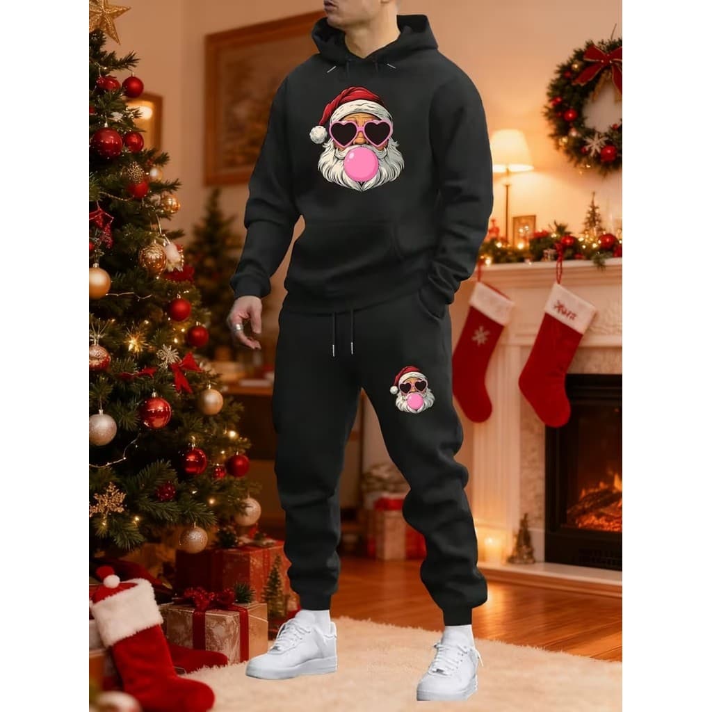 Conjunto Moletom Canguru Masculino Papai Noel Chiclete Blusa De Frio + Calça Moletom Estampados Unissex Outono/Inverno