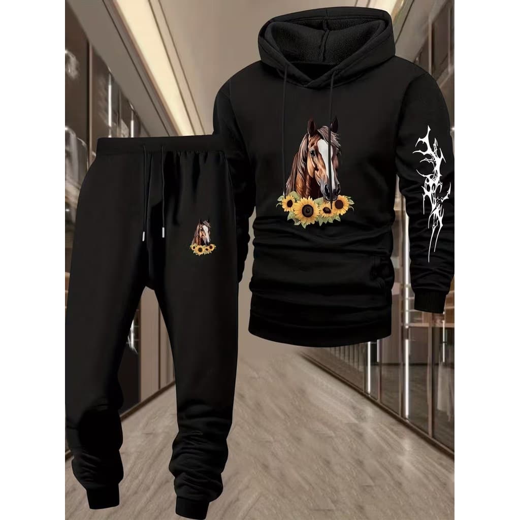Conjunto Moletom Canguru Masculino Cavalos Blusa De Frio + Calça Moletom Estampados Unissex Outono/Inverno