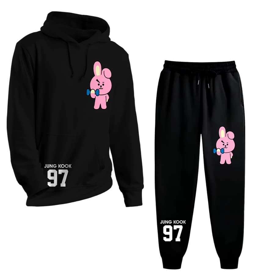 Conjunto Moletom Masculino Jung kook Blusa De Frio Canguru Bolso e Capuz + Calça Moletom Estampado Outono/Inverno