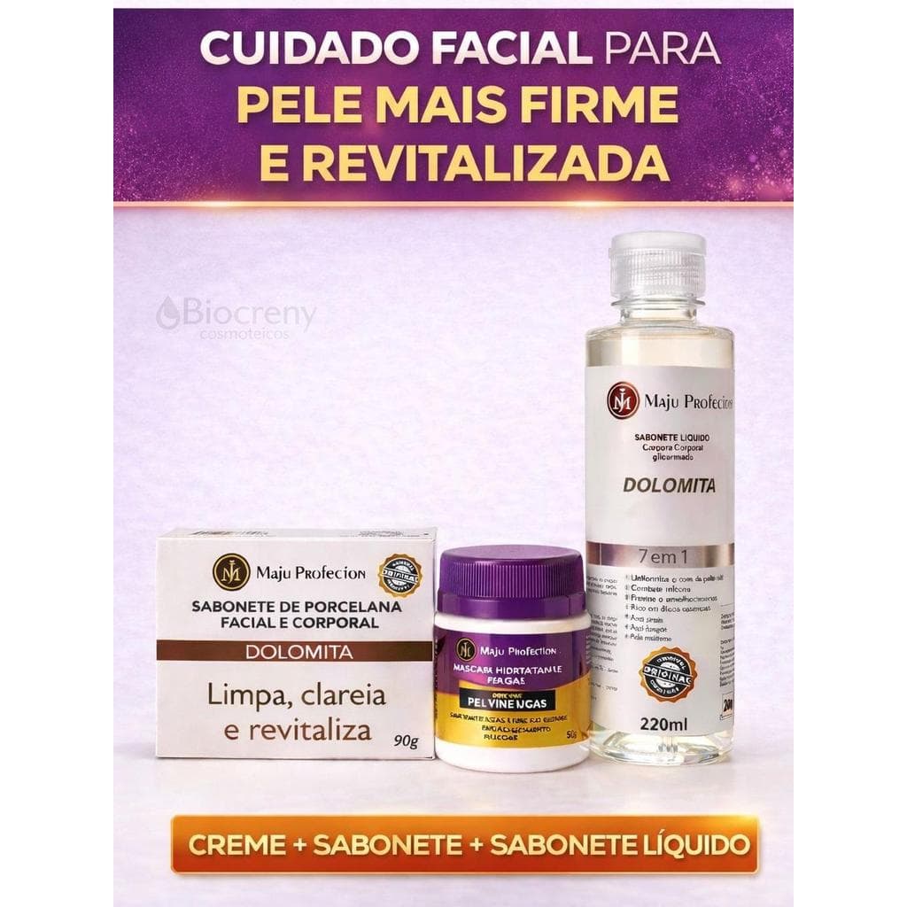Kit Skincare Antirrugas 3 em 1 Dolomita Anti Idade Rotina Completa para Pele com Aparência Mais Firme e Revitalizada