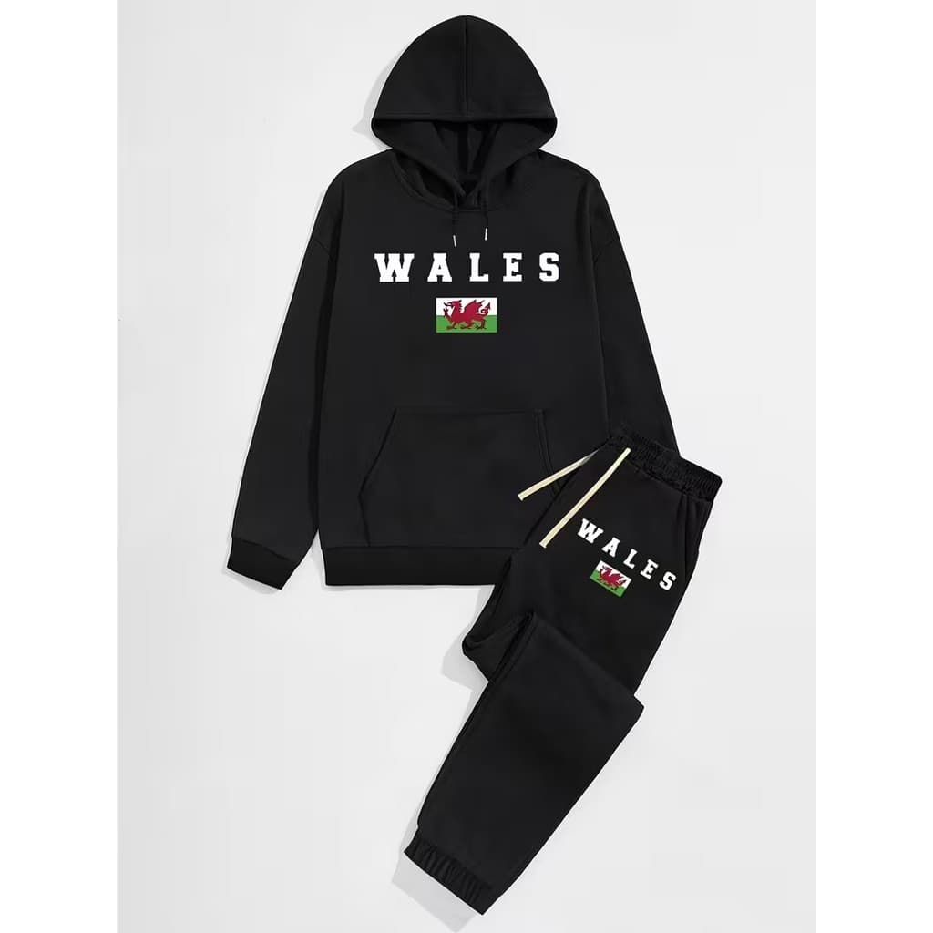 Conjunto Moletom Masculino Wales Blusa De Frio Canguru Bolso e Capuz + Calça Moletom Estampados Unissex Outono/Inverno
