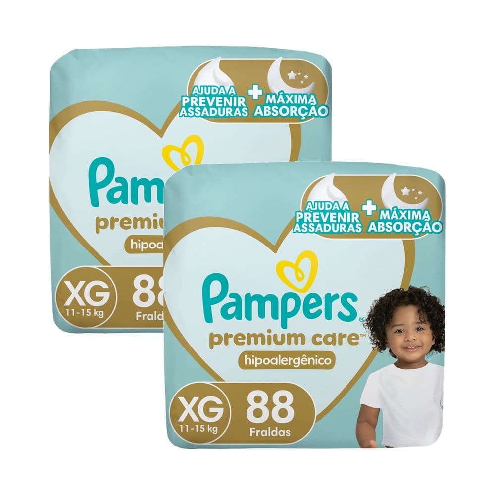 Kit 2 Fralda Pampers Premium Care Hipoalergênico Tamanho XG 88 Unidades Descartáveis