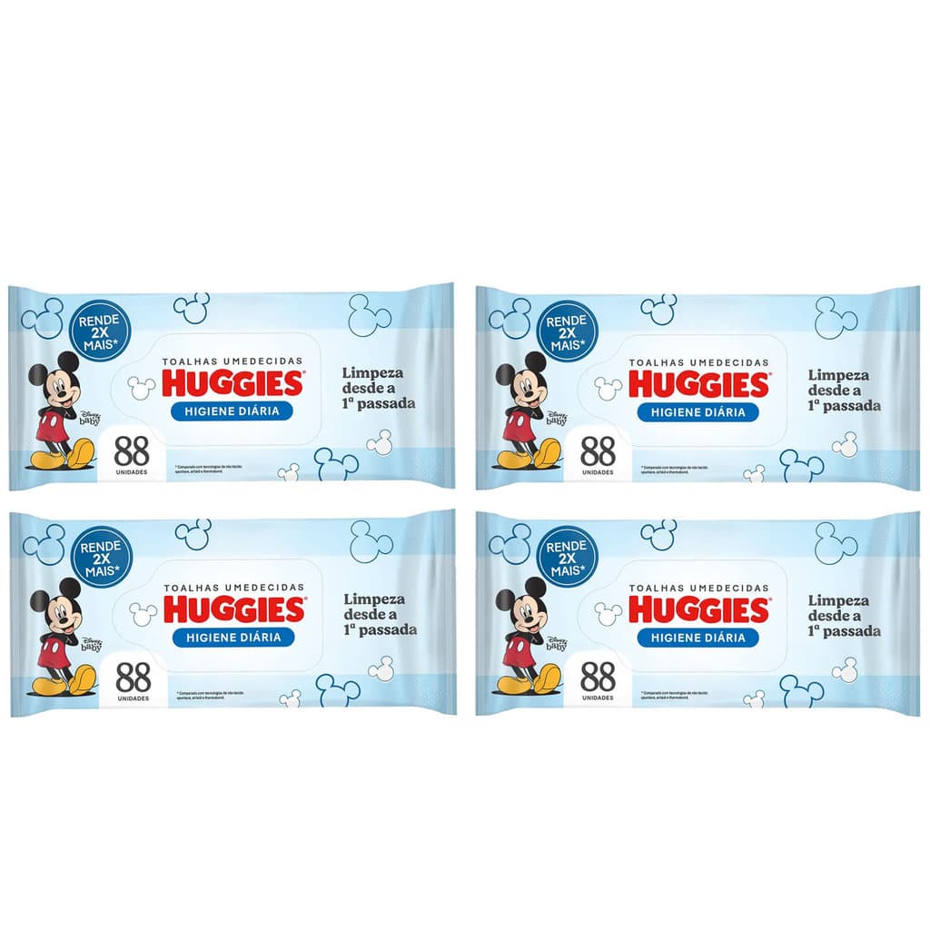 Kit 4 Lenços Umedecidos Huggies Tripla Proteção 88un Cada – Limpeza Suave