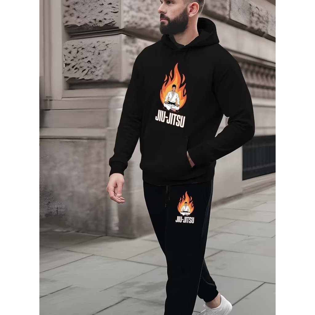 Conjunto Moletom Canguru Masculino Rei Do Jiu Jitsu Blusa De Frio + Calça Moletom Estampados Unissex Outono/Inverno