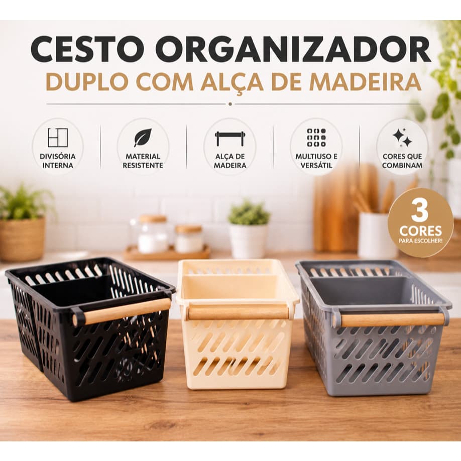 Cesto Organizador Duplo Multiuso 33cm Com Alça Madeira Preto Bege Cinza Para Cozinha Banheiro Lavanderia