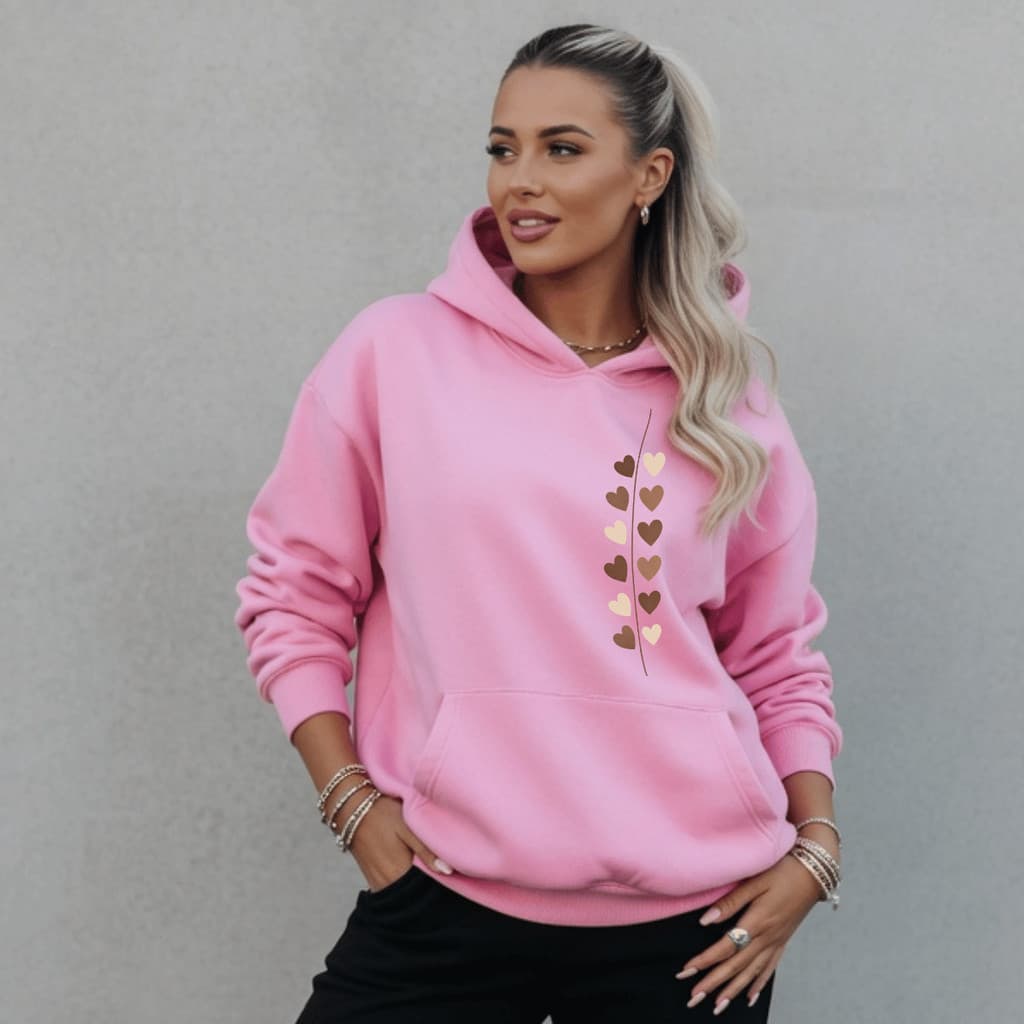 Conjunto Feminino de Moletom Canguru Calça Kit Estampada Varios Coração 100% Algodão Blusa De Frio Capuz Cadarço Bolso