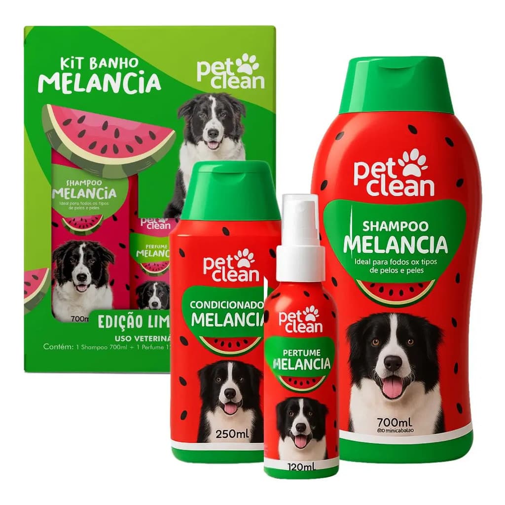 Kit banho Melancia Pet Clean -  Limpeza, Condicionamento e Perfume para Cães e Gatos - Shampoo, Condicionador e Perfume