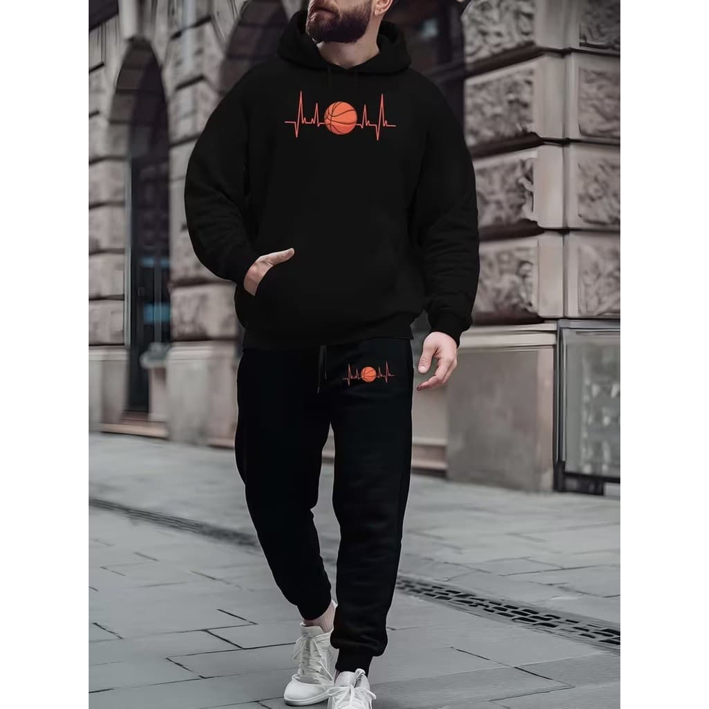 Conjunto Moletom Canguru Masculino Bola de Basquete Blusa De Frio + Calça Moletom Estampados Unissex Outono/Inverno