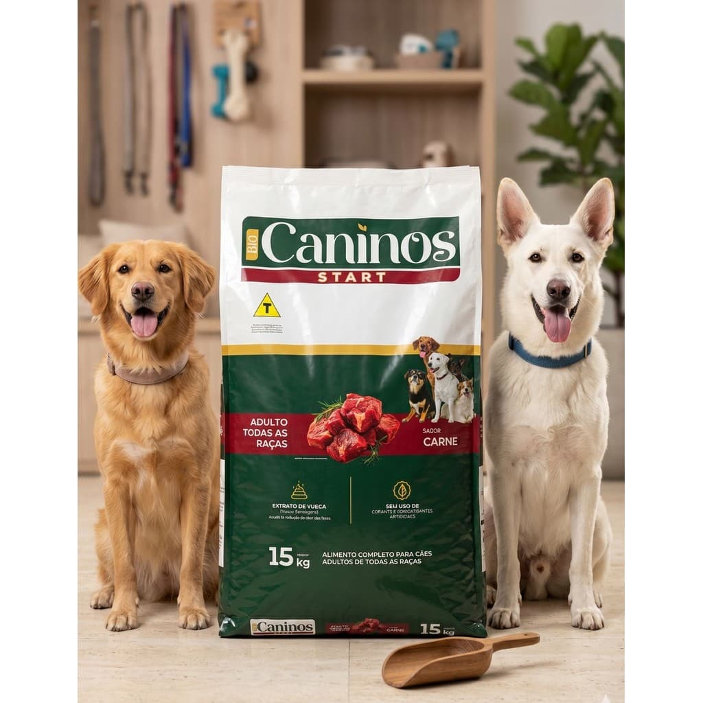 Ração Cachorro 15kg Bio Caninos Adulto Todas Raças Carne Nutrição Completa