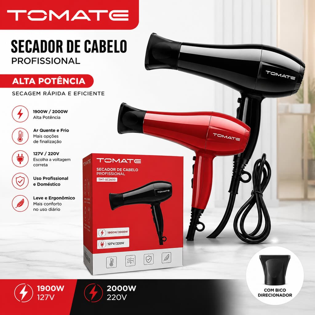 Secador Profissional Cabelo Potente Secagem Ultra Rápida Baixo Ruído Ar Quente Frio 110V 220V Salão