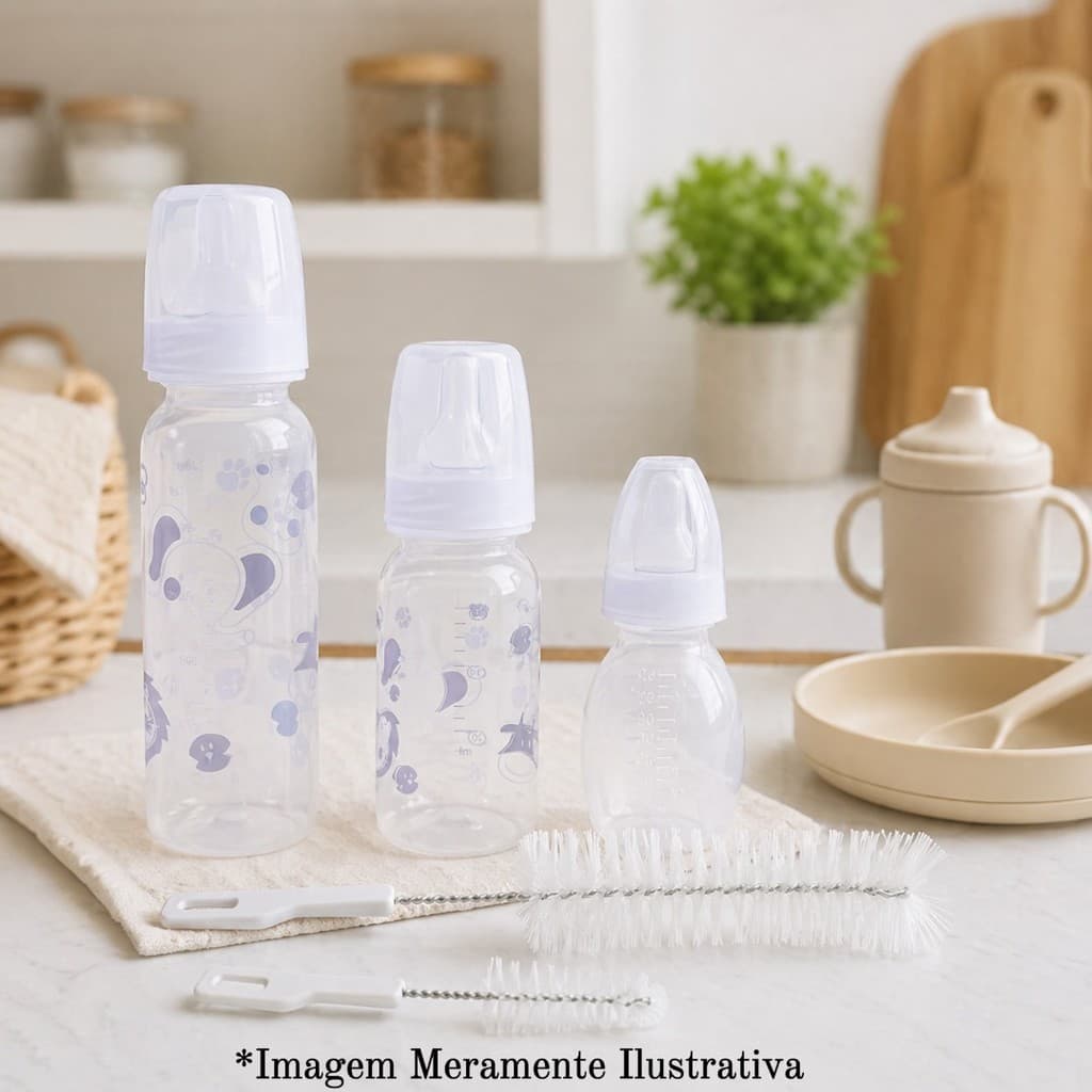 Kit 03 Mamadeiras + 02 Escovas Lully Bebê Branco