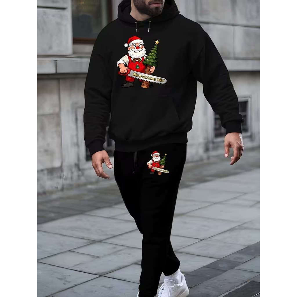 Conjunto Moletom Canguru Masculino Cortando o natal Blusa De Frio + Calça Moletom Estampados Unissex Outono/Inverno