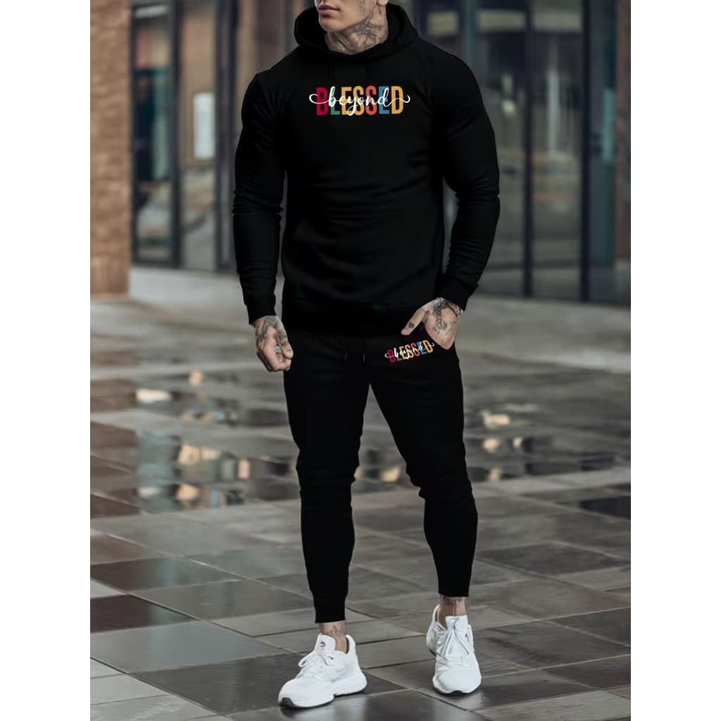 Conjunto Moletom Masculino Blessed color Blusa De Frio Canguru Bolso e Capuz + Calça Moletom Estampados Outono/Inverno