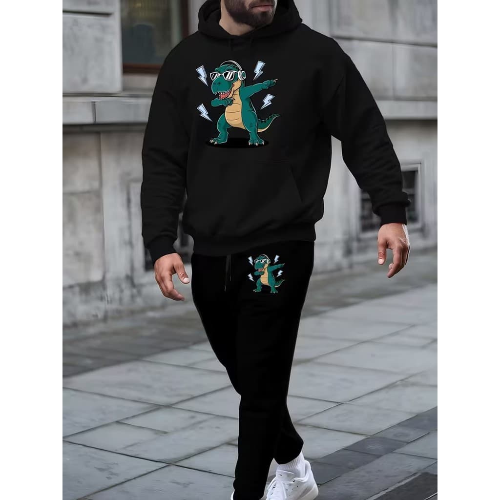 Conjunto Moletom Canguru Masculino Vibe Dino Blusa De Frio + Calça Moletom Estampados Unissex Outono/Inverno