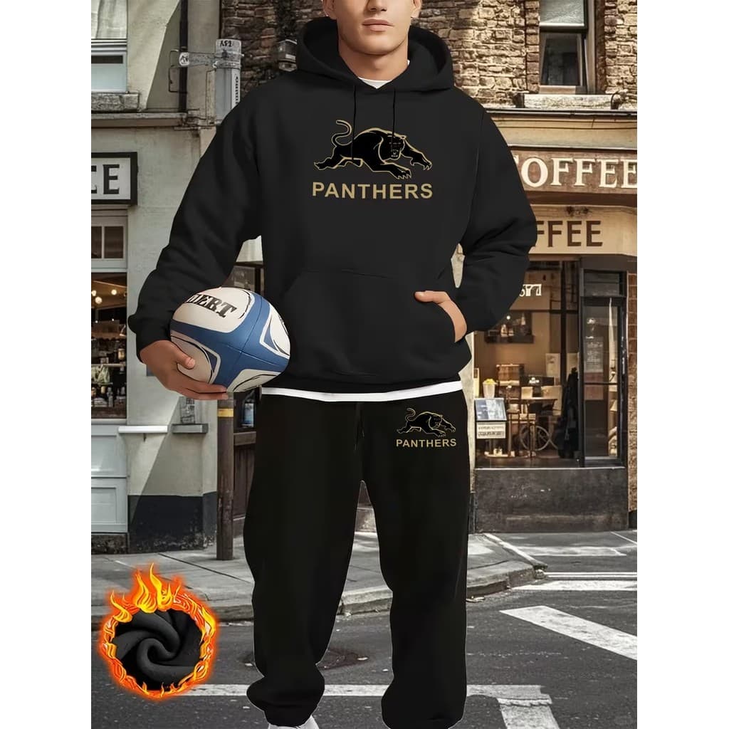 Conjunto Moletom Canguru Masculino Panthers Blusa De Frio + Calça Moletom Estampados Unissex Outono/Inverno
