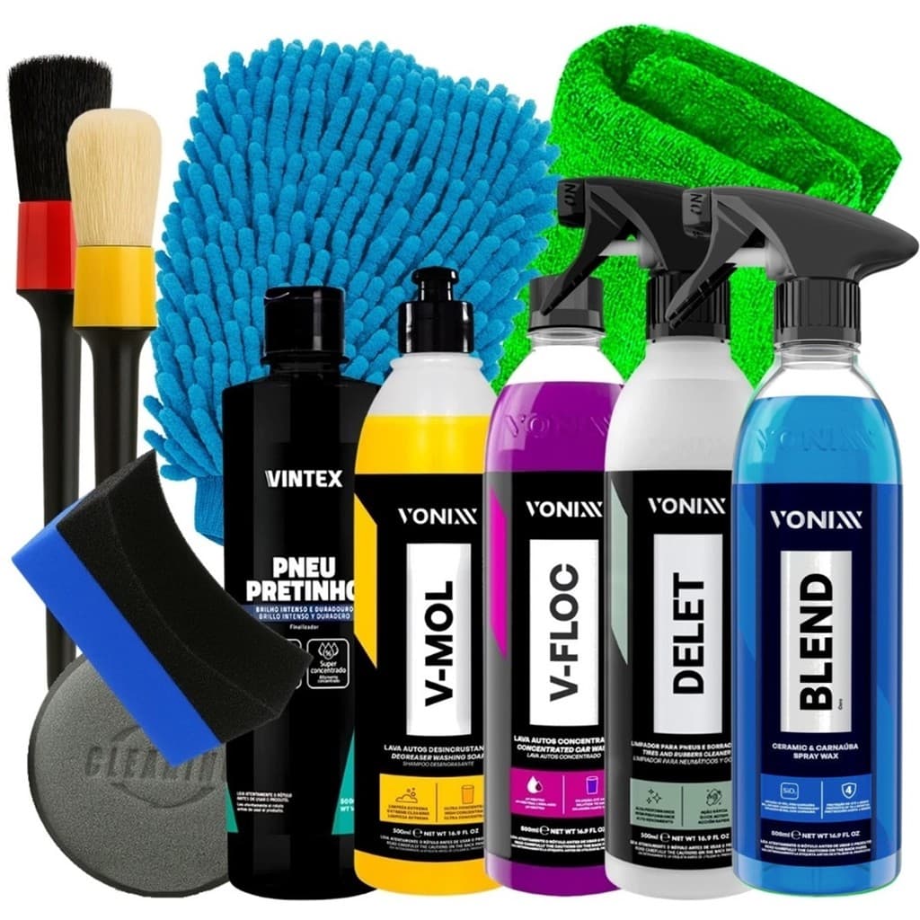 Kit Limpar Carro Moto Vonixx Blend Spray V-Floc V-Mol Delet Pneu Pretinho Acessórios Karbox