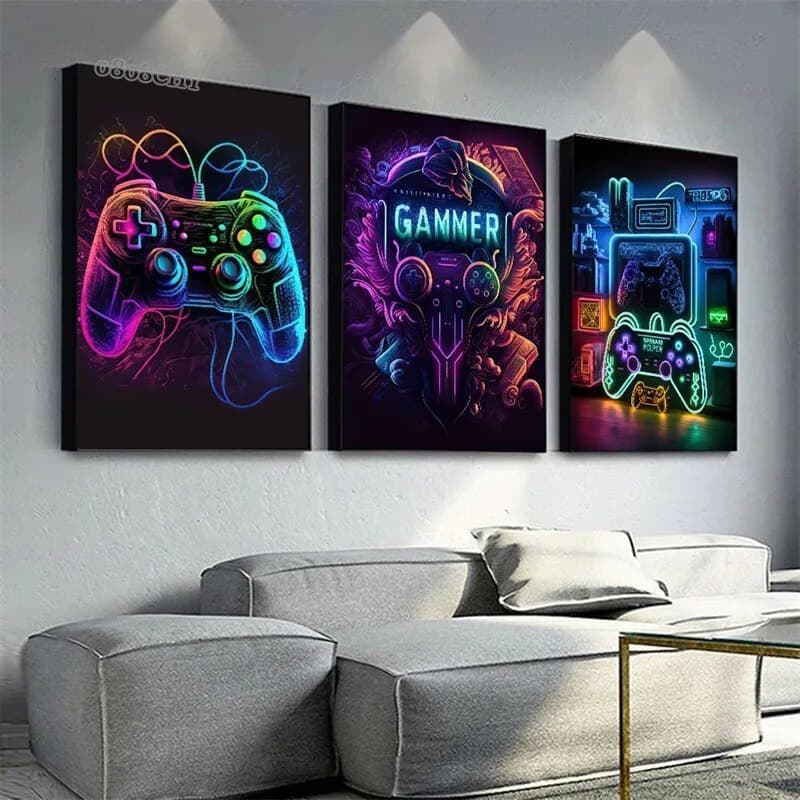 kit quadros decorativos 3 peças parede sala quarto gamer neon video game controle 40x60cm