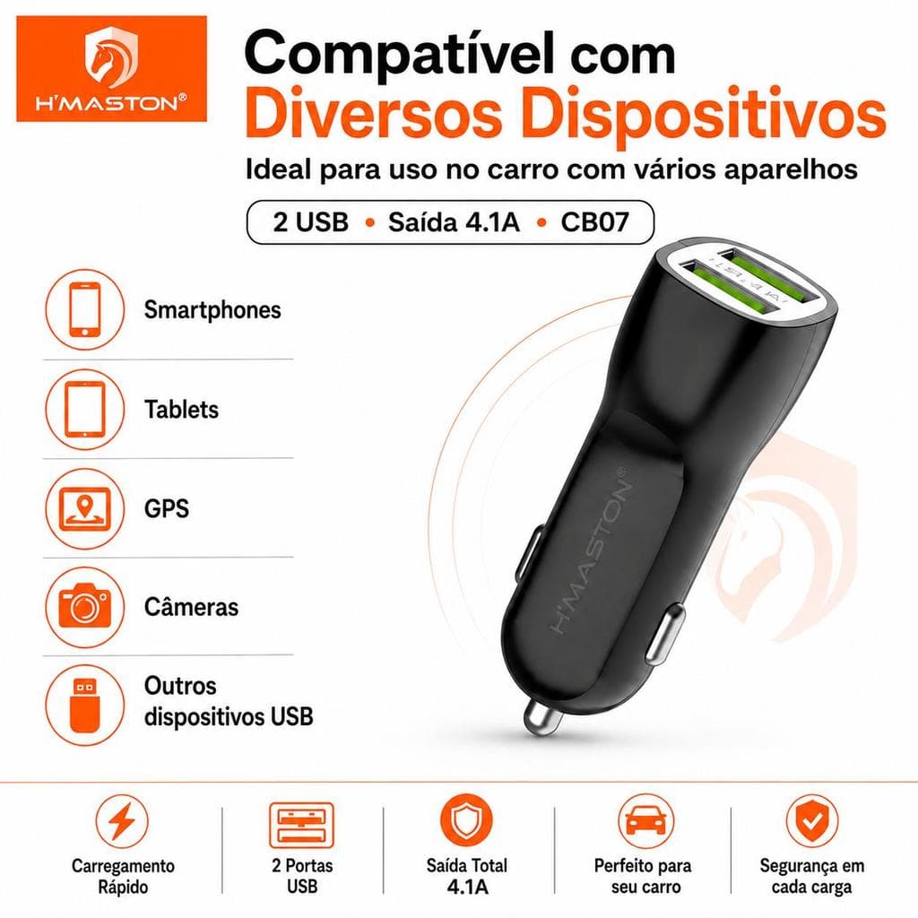 H'Maston CB-07 Carregador para Celular Veicular Carro Fonte 2 entradas USB