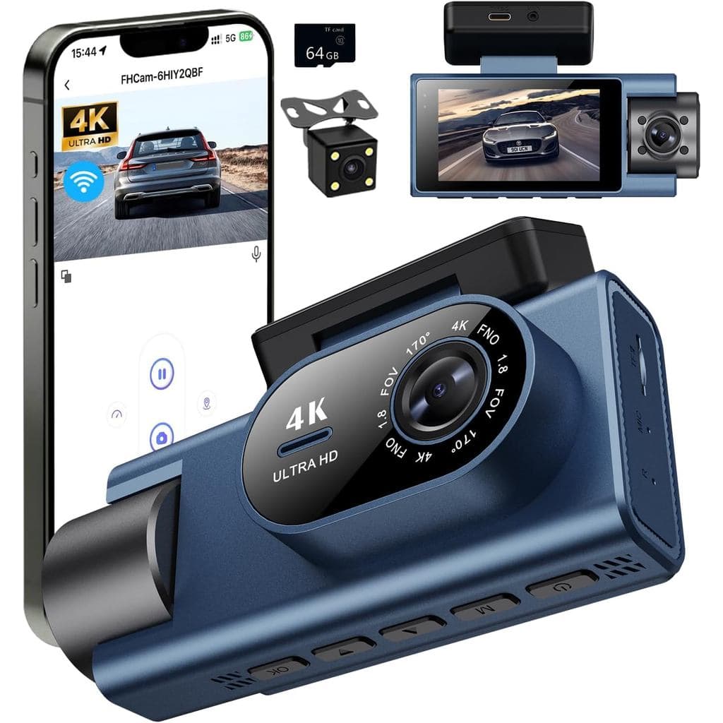 Câmera Veicular Frontal, Traseira e Interna, Câmera Veicular 4K Full HD para Carros, Inclui Cartão de 64GB, Wi-Fi Integr