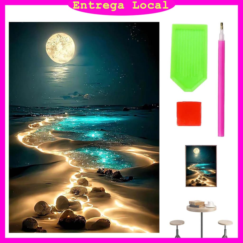Kit de pintura diamante redondo 5D, praia sob o luar, conjunto de pintura diamante DIY 30x40 cm