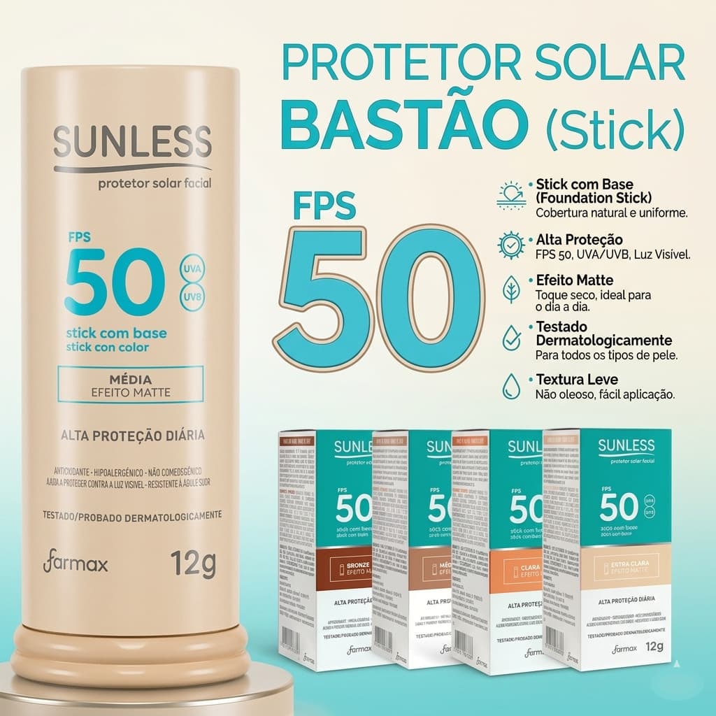 Protetor Solar Bastão Com Cor Base Efeito Matte Alta Cobertura Stick com Cor Sunless