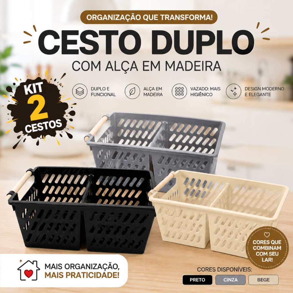 Kit 2 Cestos Organizadores Duplos Multiuso 33cm Com Alça Madeira Preto Bege Cinza Para Cozinha Banheiro Lavanderia