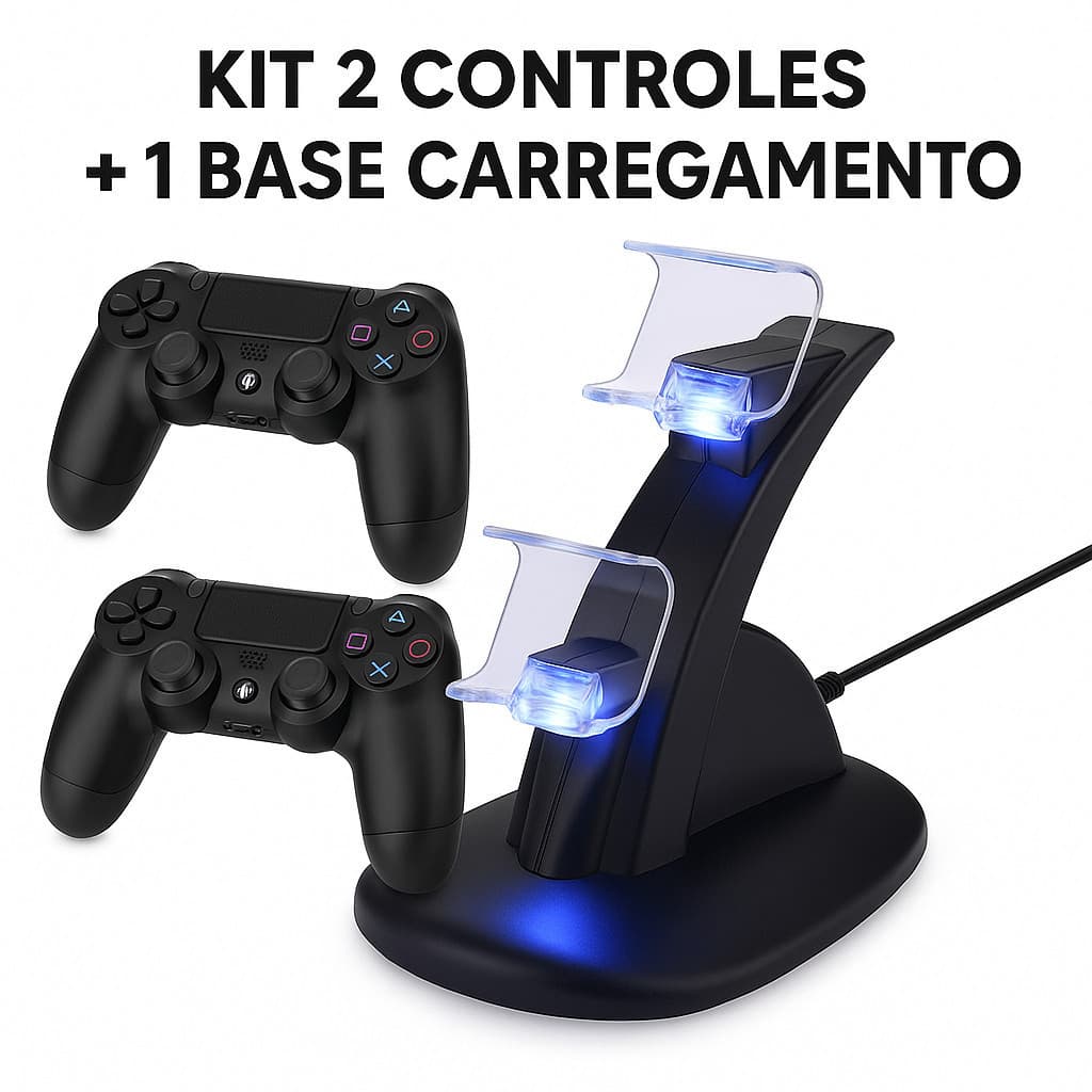 Controle PS4 Sem Fio Compatível PC Video Game com Base de Carregamento p/ até 2 controles