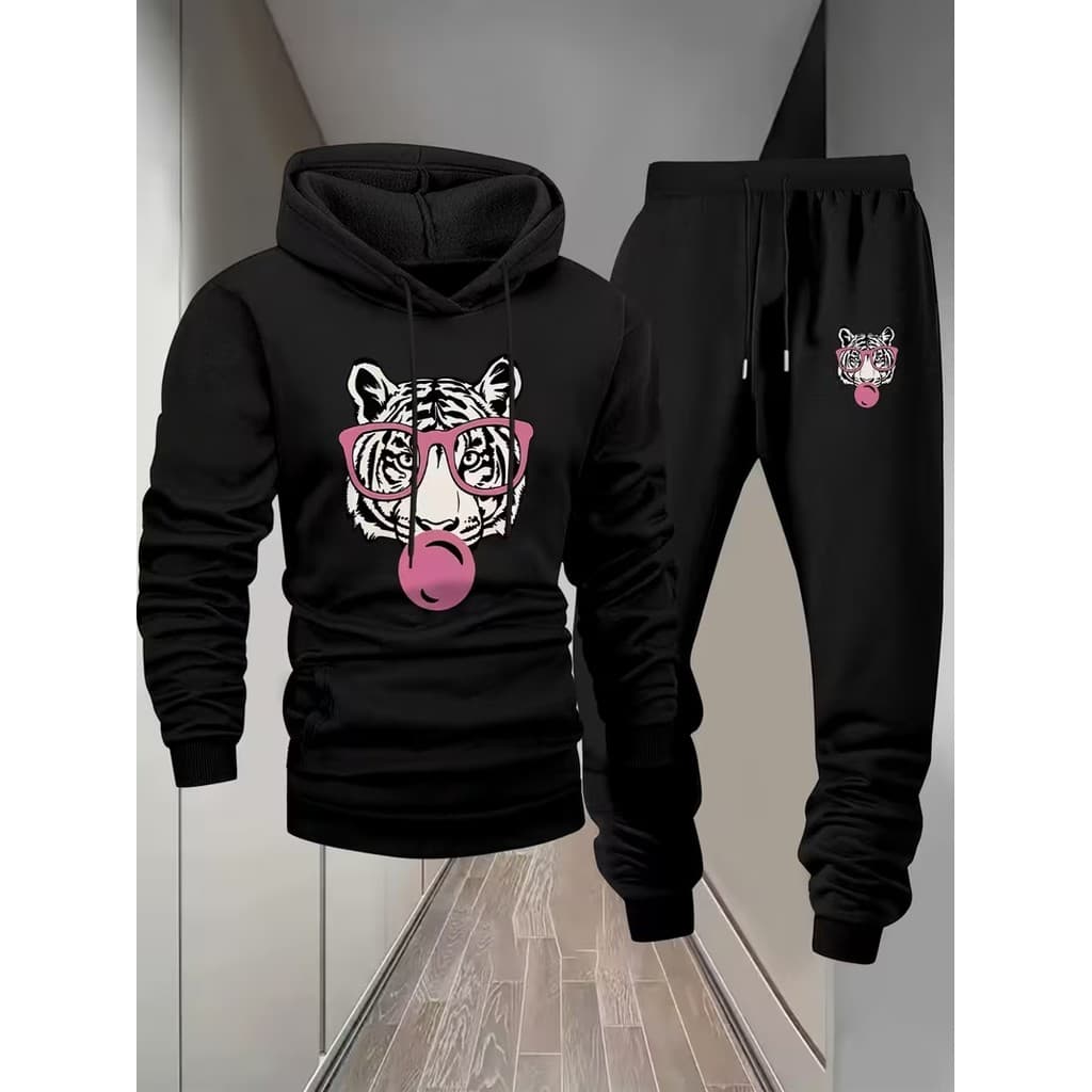 Conjunto Moletom Canguru  Masculino Tigresa Blusa De Frio + Calça Moletom Estampados Unissex Outono/Inverno