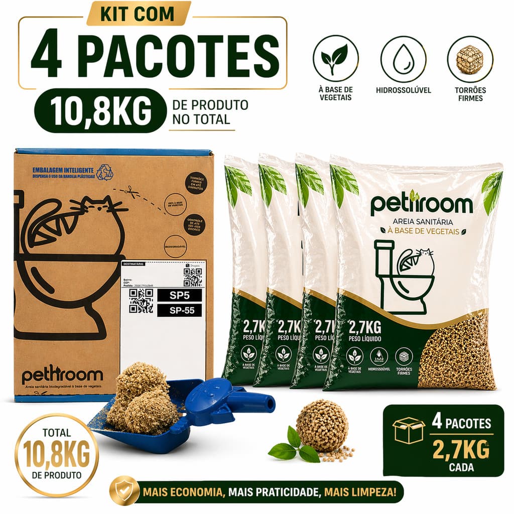Kit 10,8 kg Areia Higienica Sanitaria Para Gatos Base Mandioca e Milho BIODEDRADAVEL