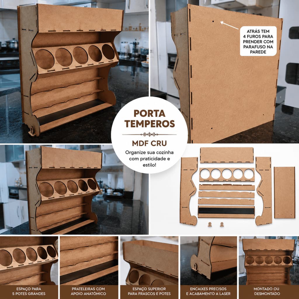 Porta Temperos em MDF Cru Organizador de Cozinha Multiuso com Suporte para Papel toalha