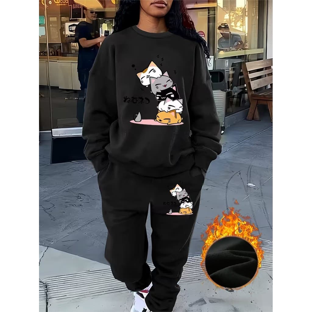 Conjunto Moletom Careca Feminino Cat Cutes Blusa De Frio + Calça Moletom Estampados Unissex Outono/Inverno