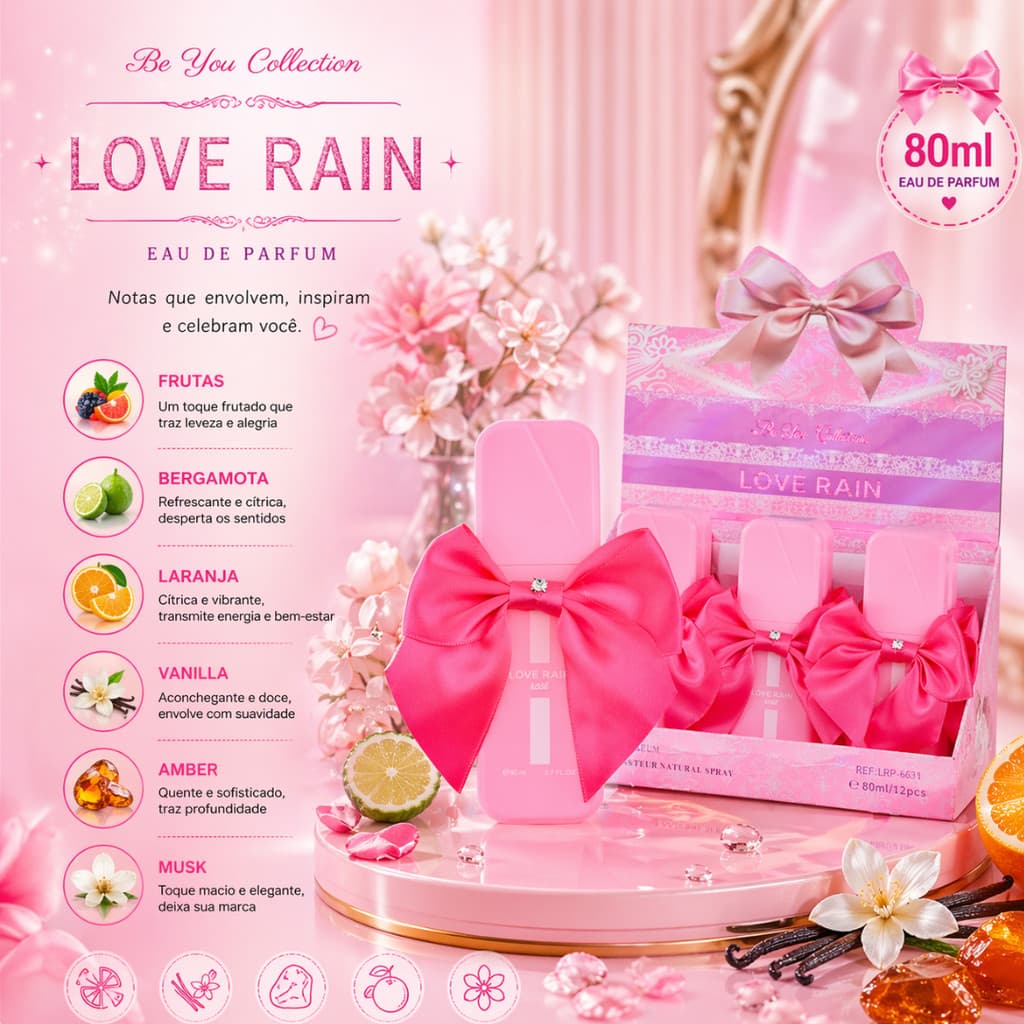 Perfume Feminino 80ml Importado Longa Duração Doce Floral Frutado Baunilha Musk Bergamota Laranja Luxo Lové Rain