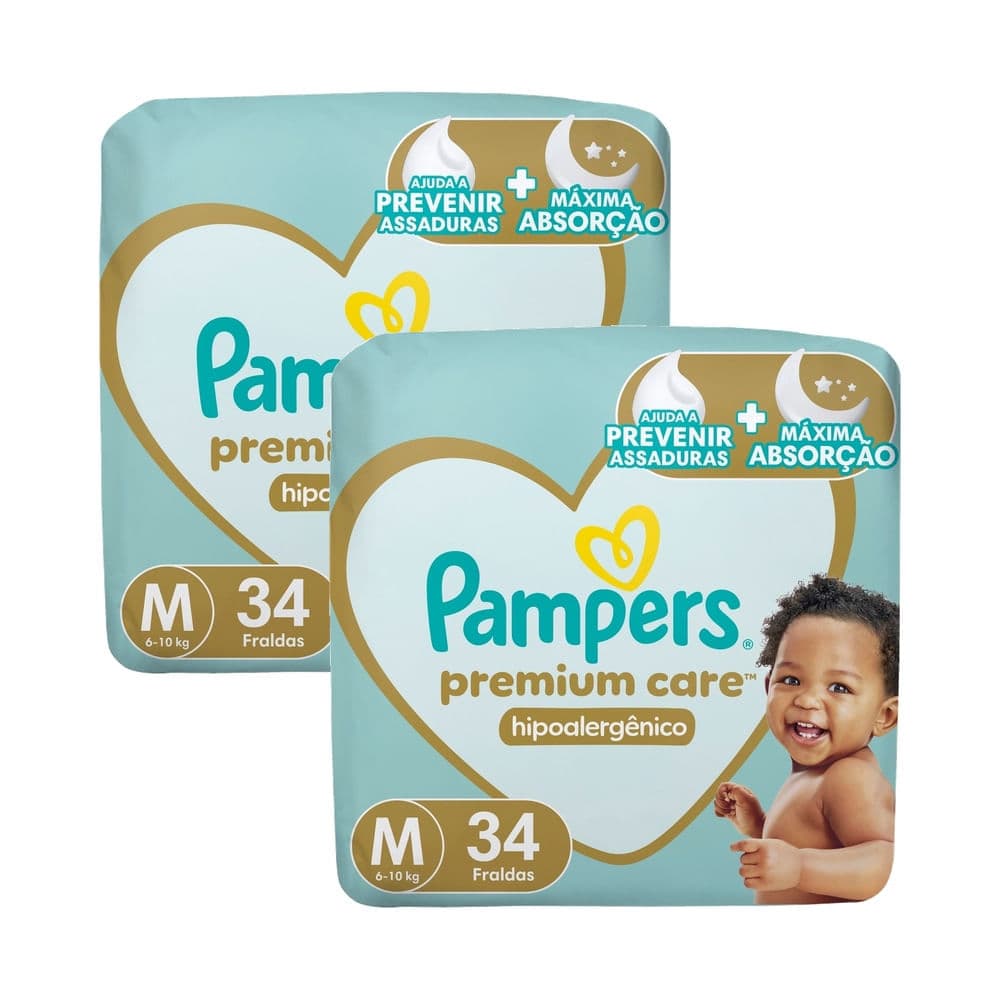 Kit 2 Fralda Pampers Premium Care Tamanho M Pacote Mega 34 Fraldas Descartáveis