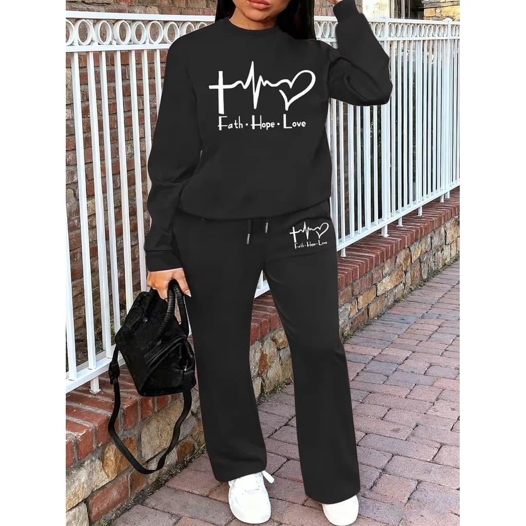 Conjunto Moletom Careca Feminino Fath Hope Love Blusa De Frio + Calça Moletom Estampados Unissex Outono/Inverno