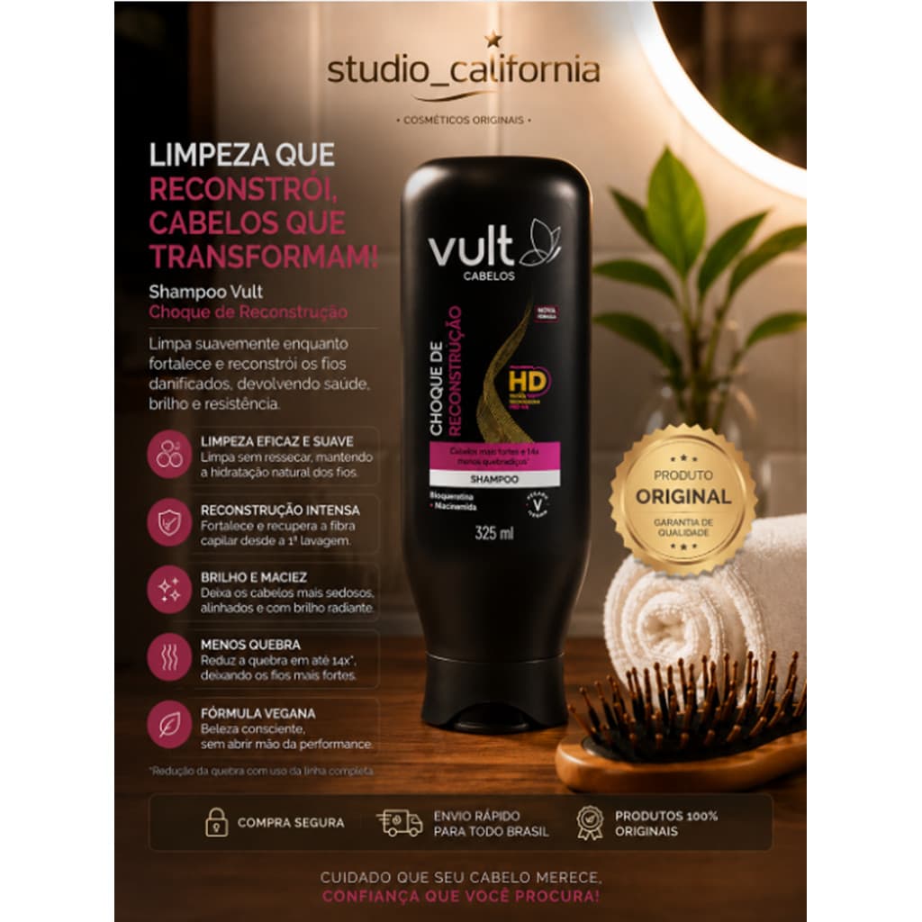 Shampoo Vult Choque de Reconstrução 325ml HD – Limpeza Hidratante, Reparação Capilar e Brilho Intenso