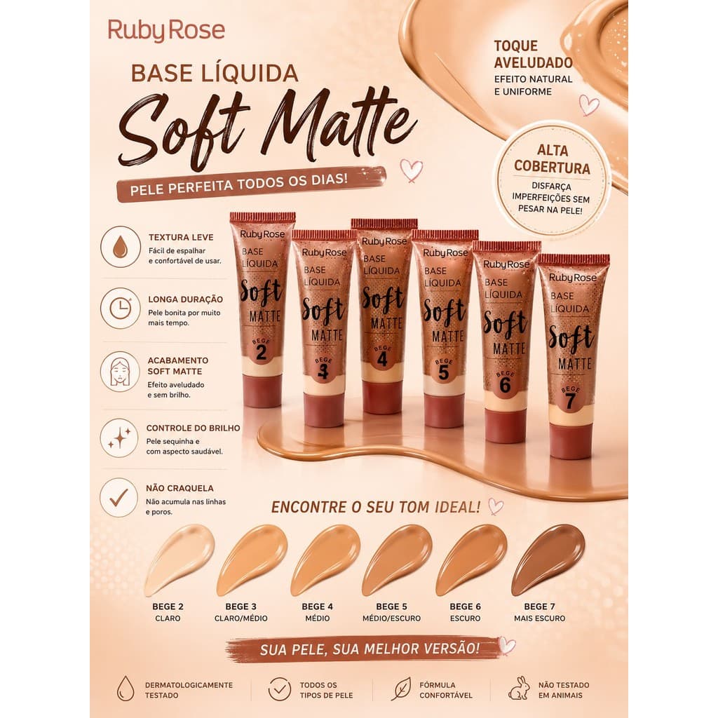 Base Líquida Ruby Rose Soft Matte HB-8050 Longa Duração e Toque Aveludado