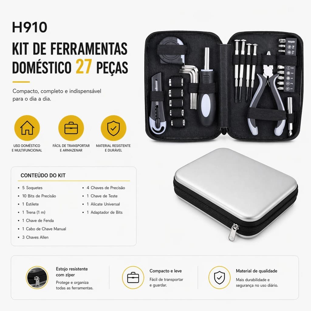 Kit Ferramentas 27 Peças Compacto e Completo Ideal Para Casa Reparo Fácil e Rápido