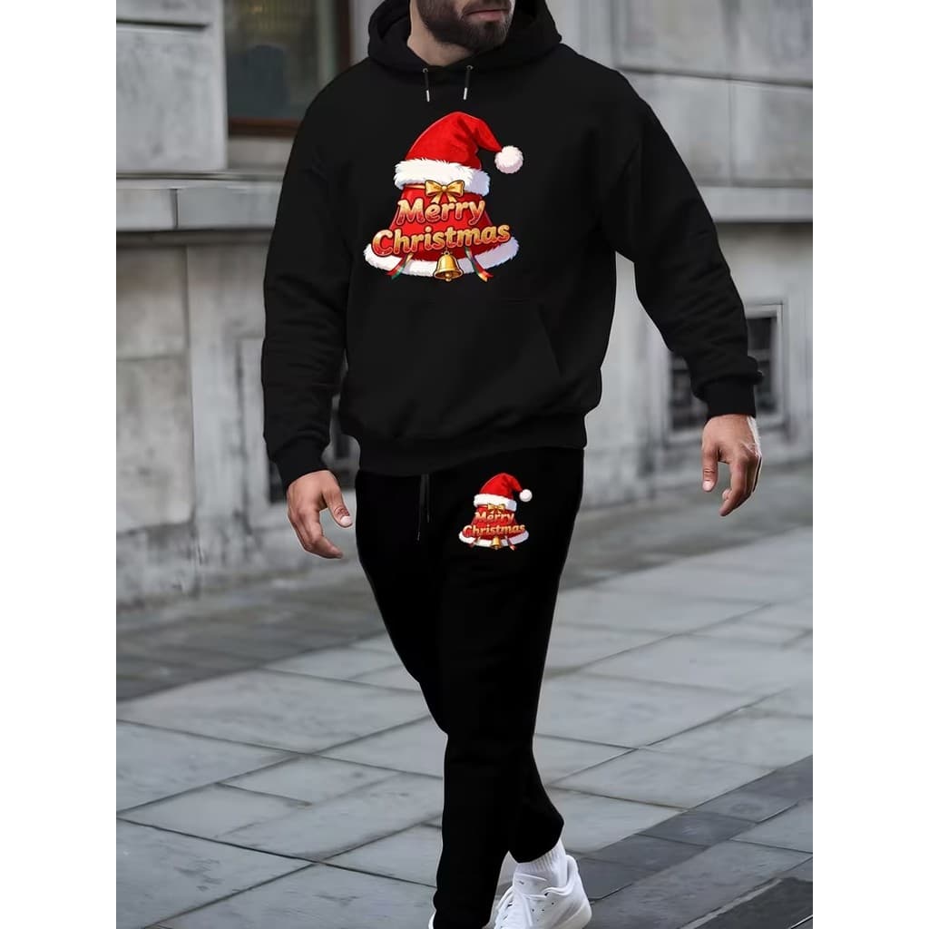Conjunto Moletom Canguru Masculino Gorro Do Noel Blusa De Frio + Calça Moletom Estampados Unissex Outono/Inverno